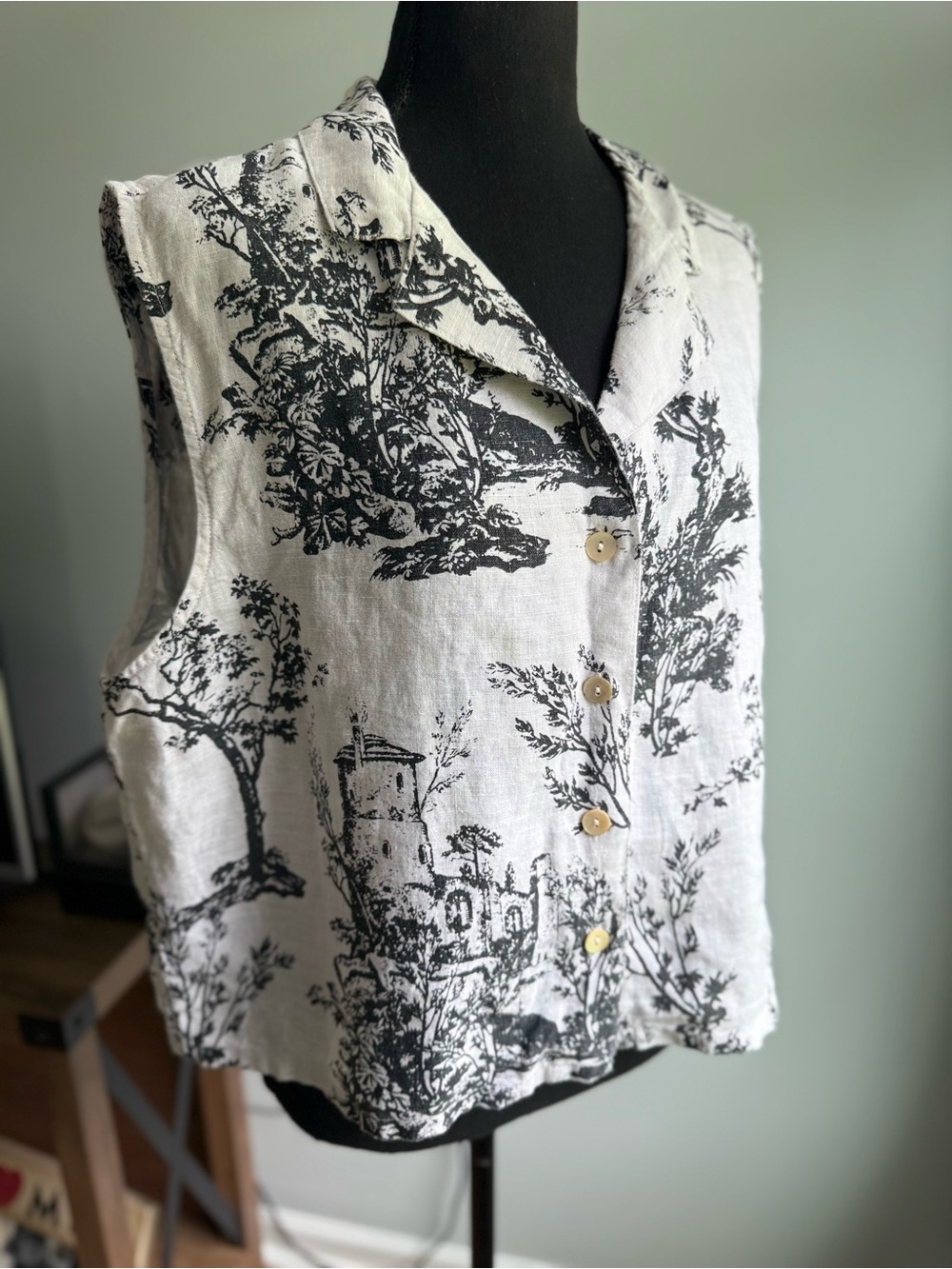 NWT-Joie Black and White Toile Sleeveless Linen Top - Picture 4 of 5